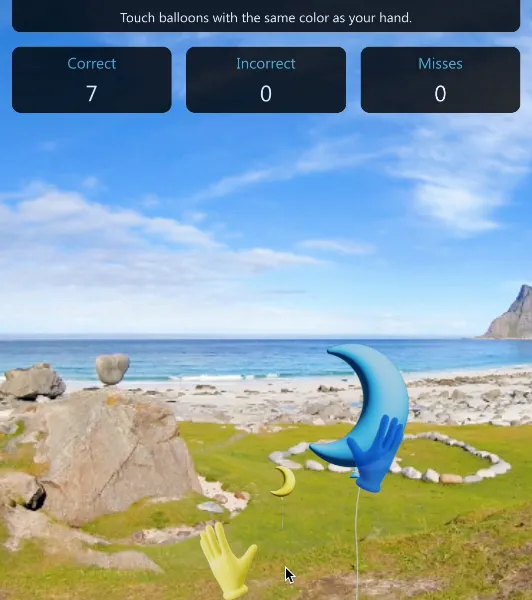 Companion application showing a VR balloon warm-up exercise with real-time score tracking and session controls