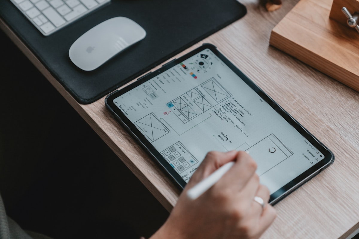 UX design process with wireframes and user research